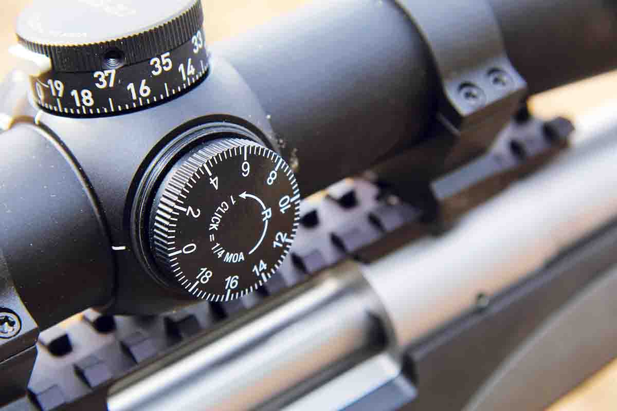 The windage adjustment of Leupold’s VX-5HD 4-20x 52mm CDS-ZL2 is covered by a screw-on cap and offers 15 MOA of movement per revolution.